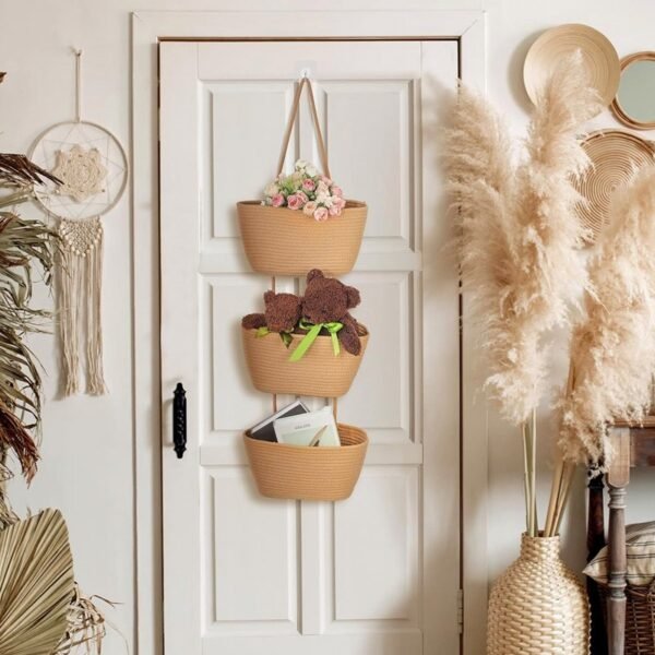 3-Tier Wall Hanging Storage Basket Wall-Mounted Brown Cotton Woven Organisers