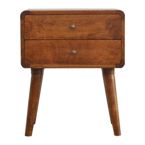 Handcrafted Solid Wood Curved Bedside Table – 2-Drawer Chestnut Finish Nightstand for Bedroom & Living Room