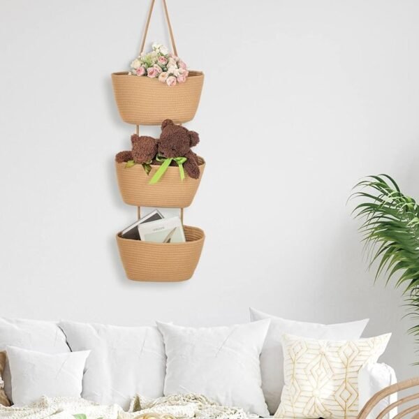 3-Tier Wall Hanging Storage Basket Wall-Mounted Brown Cotton Woven Organisers