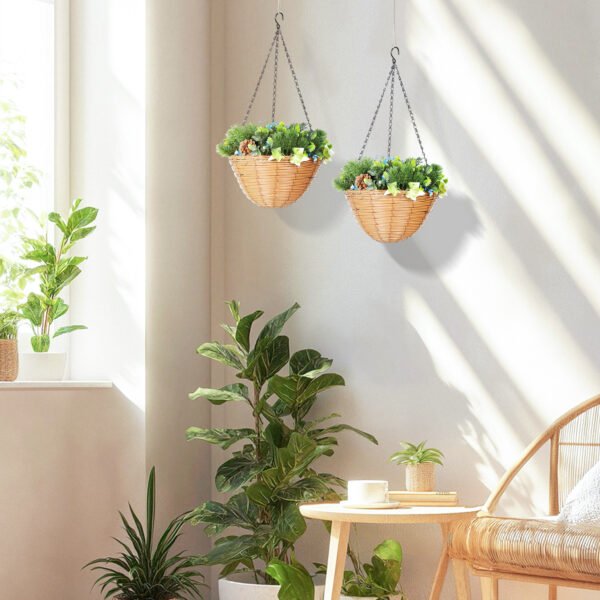 Pack of 2 Artificial Hanging Baskets with Blue Lisianthus Flowers & Pinecones – Faux Trailing Foliage for Indoor & Outdoor Decor