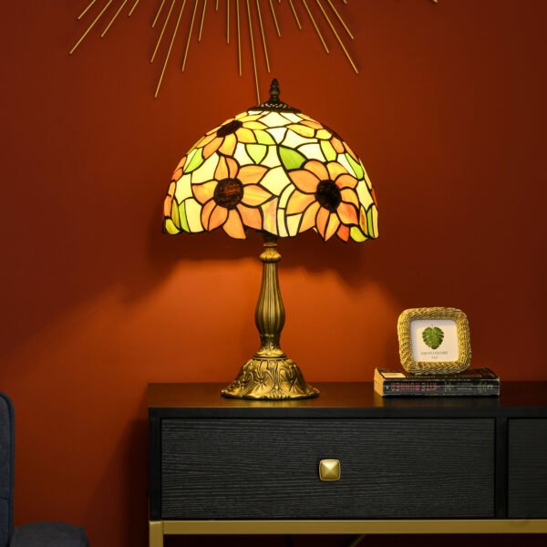 Handcrafted Stained Glass Table Lamp – Vintage Tiffany Style Sunflower Bedside & Living Room Nightlight