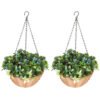 Pack of 2 Artificial Hanging Baskets with Blue Lisianthus Flowers & Pinecones – Faux Trailing Foliage for Indoor & Outdoor Decor