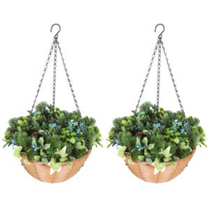 Pack of 2 Artificial Hanging Baskets with Blue Lisianthus Flowers & Pinecones – Faux Trailing Foliage for Indoor & Outdoor Decor