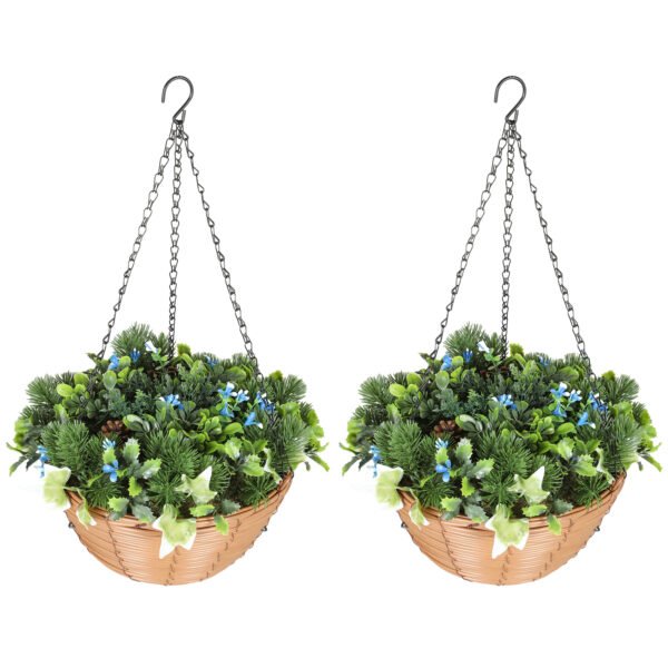 Pack of 2 Artificial Hanging Baskets with Blue Lisianthus Flowers & Pinecones – Faux Trailing Foliage for Indoor & Outdoor Decor