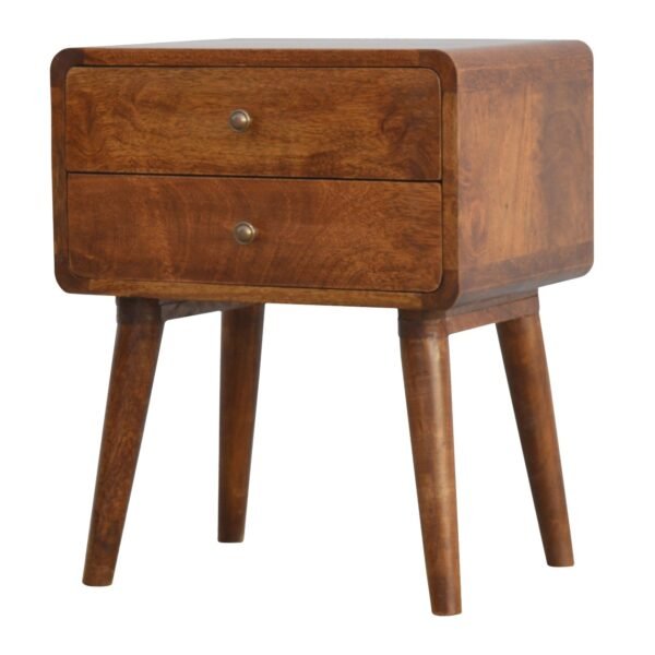Handcrafted Solid Wood Curved Bedside Table – 2-Drawer Chestnut Finish Nightstand for Bedroom & Living Room