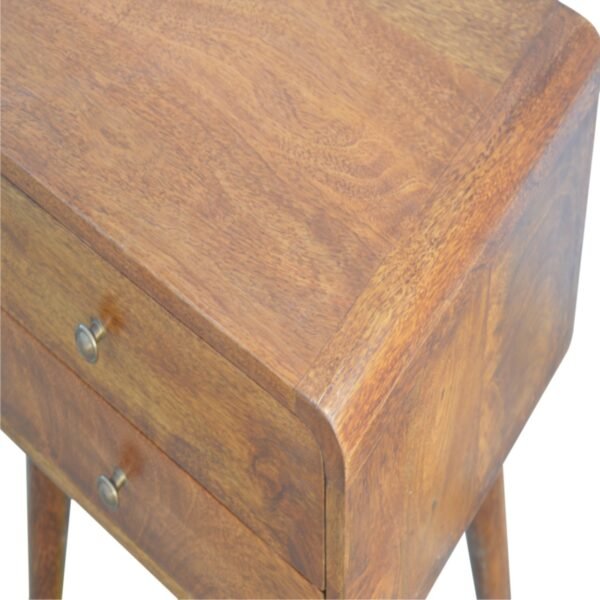 Handcrafted Solid Wood Curved Bedside Table – 2-Drawer Chestnut Finish Nightstand for Bedroom & Living Room