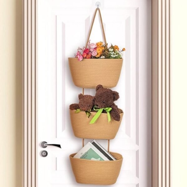 3-Tier Wall Hanging Storage Basket Wall-Mounted Brown Cotton Woven Organisers