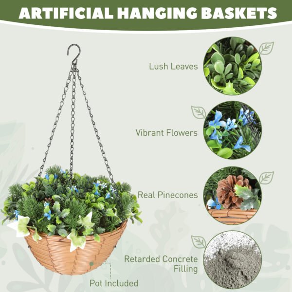 Pack of 2 Artificial Hanging Baskets with Blue Lisianthus Flowers & Pinecones – Faux Trailing Foliage for Indoor & Outdoor Decor