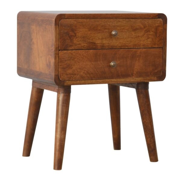 Handcrafted Solid Wood Curved Bedside Table – 2-Drawer Chestnut Finish Nightstand for Bedroom & Living Room