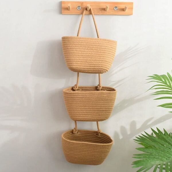 3-Tier Wall Hanging Storage Basket Wall-Mounted Brown Cotton Woven Organisers