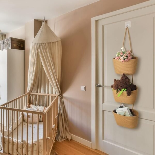 3-Tier Wall Hanging Storage Basket Wall-Mounted Brown Cotton Woven Organisers