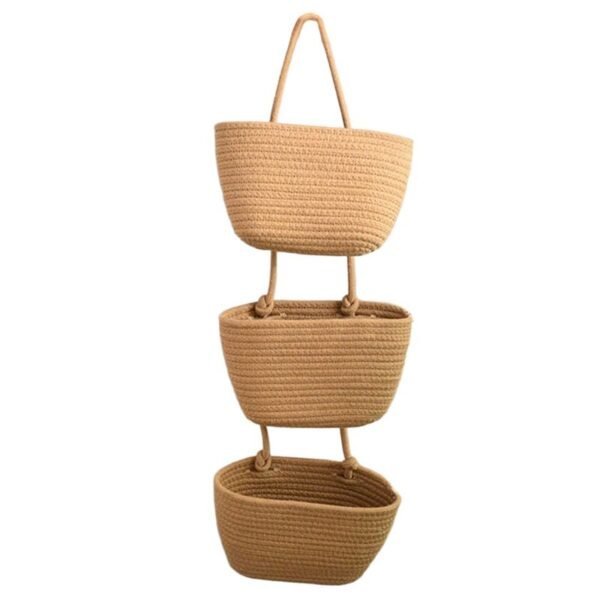 3-Tier Wall Hanging Storage Basket Wall-Mounted Brown Cotton Woven Organisers