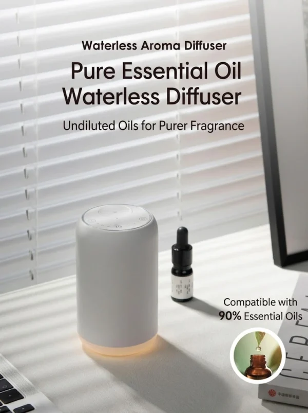 Yasser Booster white waterless aroma diffuser highlighting undiluted oils for a purer fragrance with an oil bottle on a desk