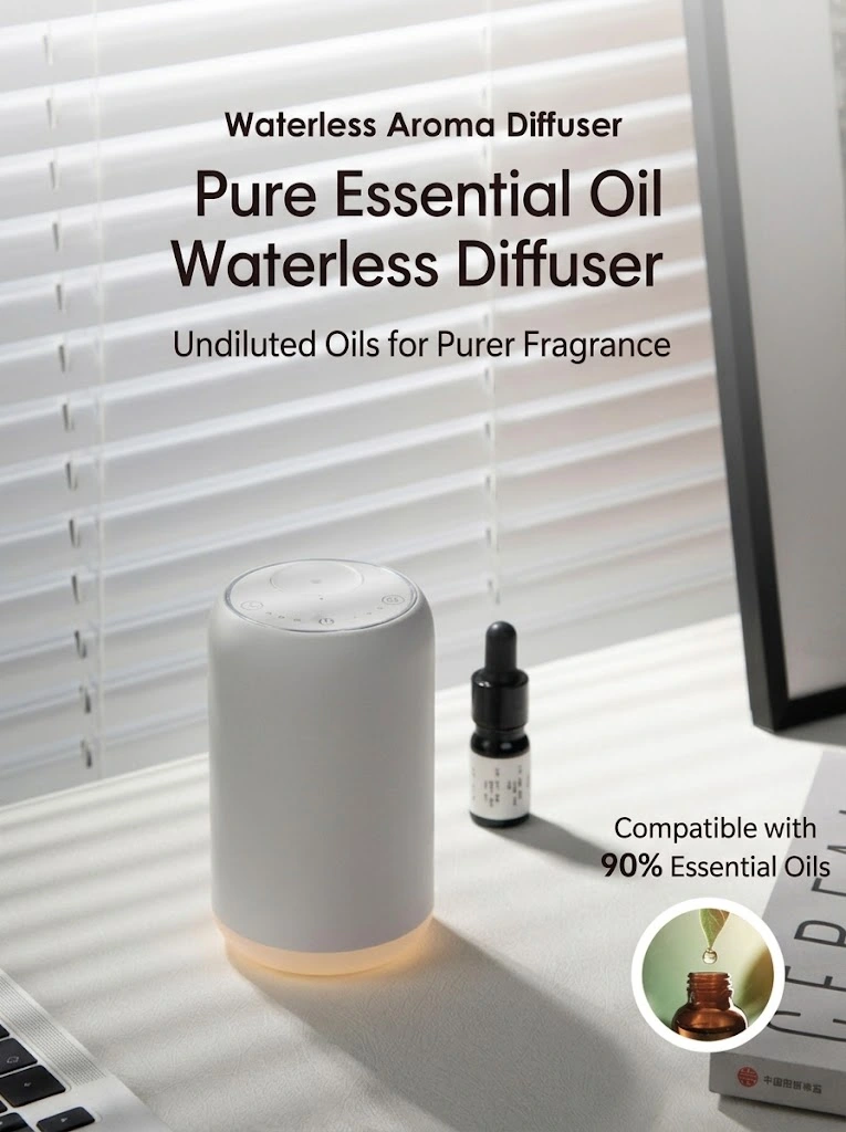 Yasser Booster white waterless aroma diffuser highlighting undiluted oils for a purer fragrance with an oil bottle on a desk