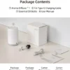 Infographic showing package contents of Yasser Booster waterless aroma diffuser including diffuser, Type-C cable, essential oil bottle, manual, dimensions, and weights