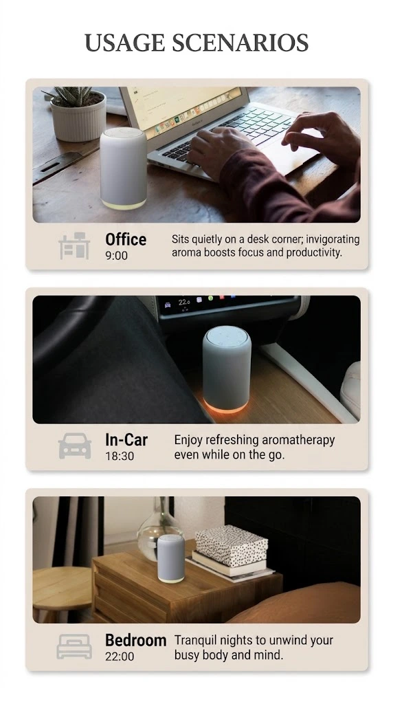Infographic showing different usage scenarios for the Yasser Booster waterless aroma diffuser in an office desk, car interior, and a bedroom nightstand