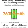 Infographic showing battery performance of Yasser Booster waterless aroma diffuser featuring a 2600mAh capacity and up to 40 hours of runtime