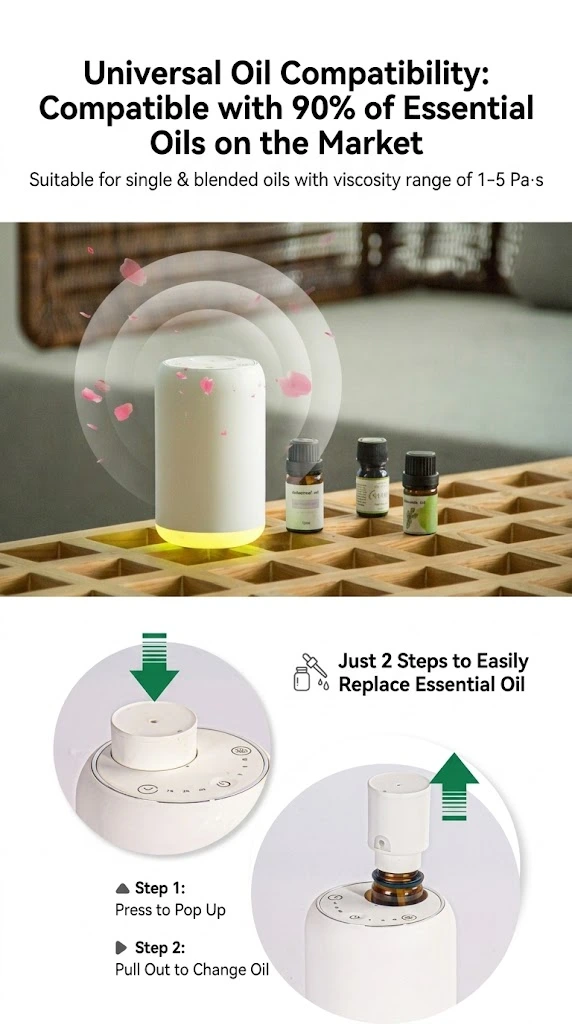 Yasser Booster white waterless aroma diffuser highlighting undiluted oils for a purer fragrance with an oil bottle on a desk