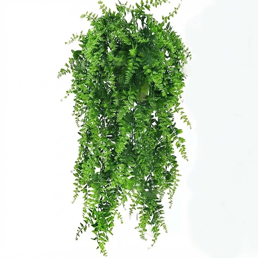 Realistic faux Persian fern hanging plant in standard 69 mesh density on a clean white background