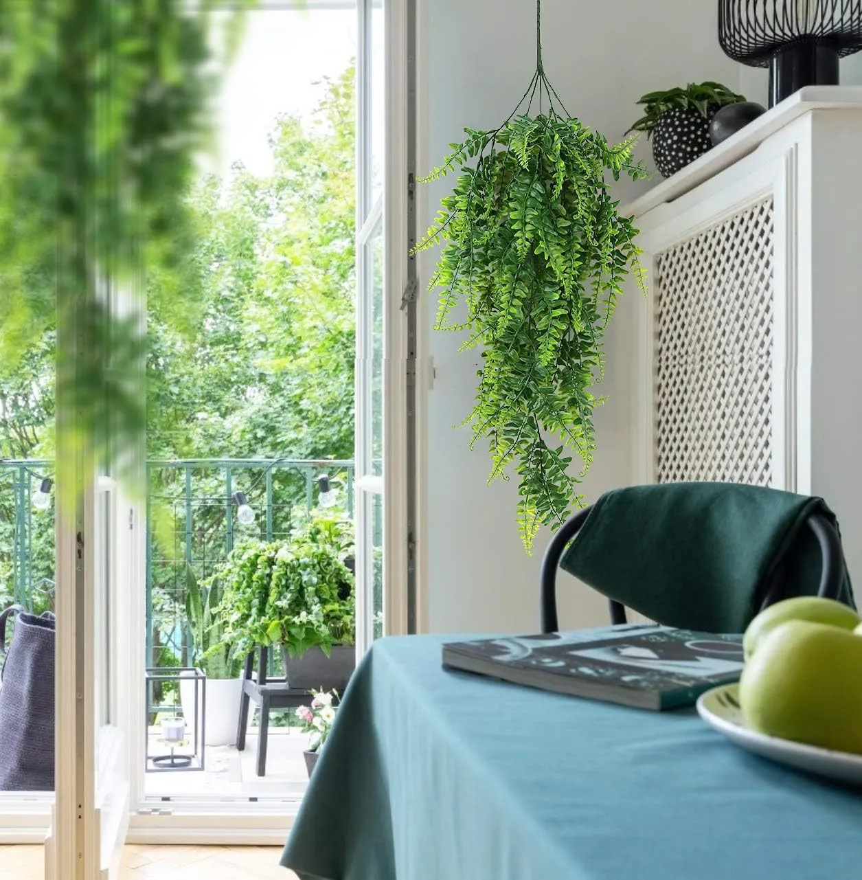 Three-panel interior decor collage featuring artificial Persian fern trailing plants in a bathroom, office, and living room window