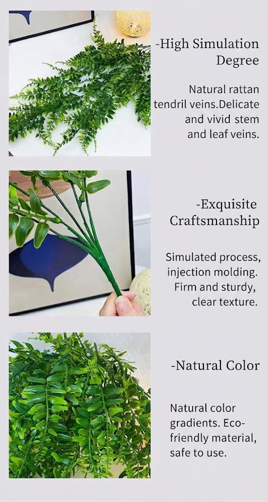 Inspirational home decor collage demonstrating versatile ways to style artificial Persian fern trailing foliage across bathrooms, home offices, and window sills.