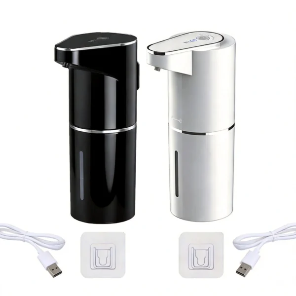 Automatic Foaming Soap Dispenser - Black and White Variants Black and white automatic touchless foaming soap dispensers with USB-C cables and wall mount brackets on a white background