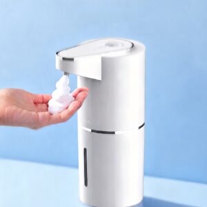 Automatic Foaming Soap Dispenser - White AX221 White automatic touchless soap dispenser model AX221 with USB-C cable and wall bracket on a clean white background
