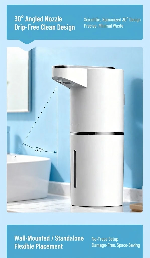 Diagram highlighting the 30-degree angled nozzle and wall-mounted setup of the soap dispenser