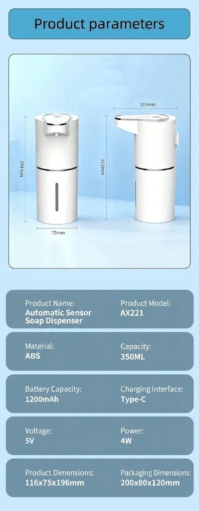 Technical drawing showing product measurements, capacity, and power specs for the automatic soap dispenser