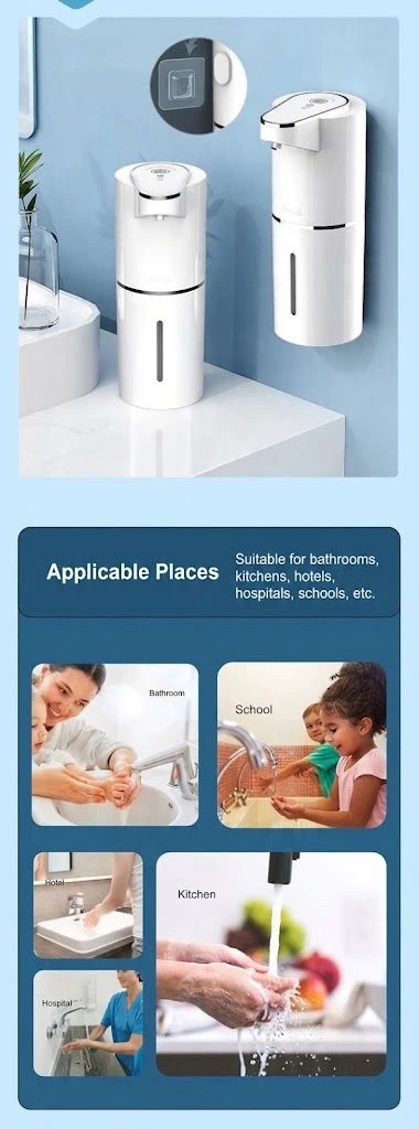 Collage showing the automatic soap dispenser used in bathrooms, kitchens, schools, and hospitals