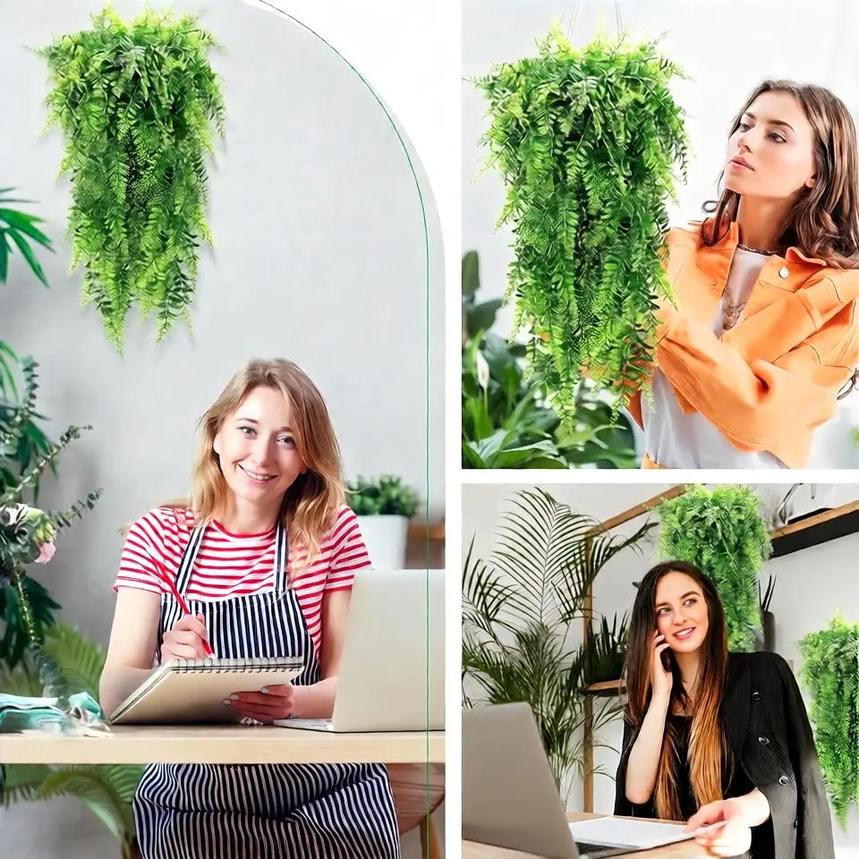 Multi-panel photo collage of women decorating home office and workspace environments with hanging artificial green plants