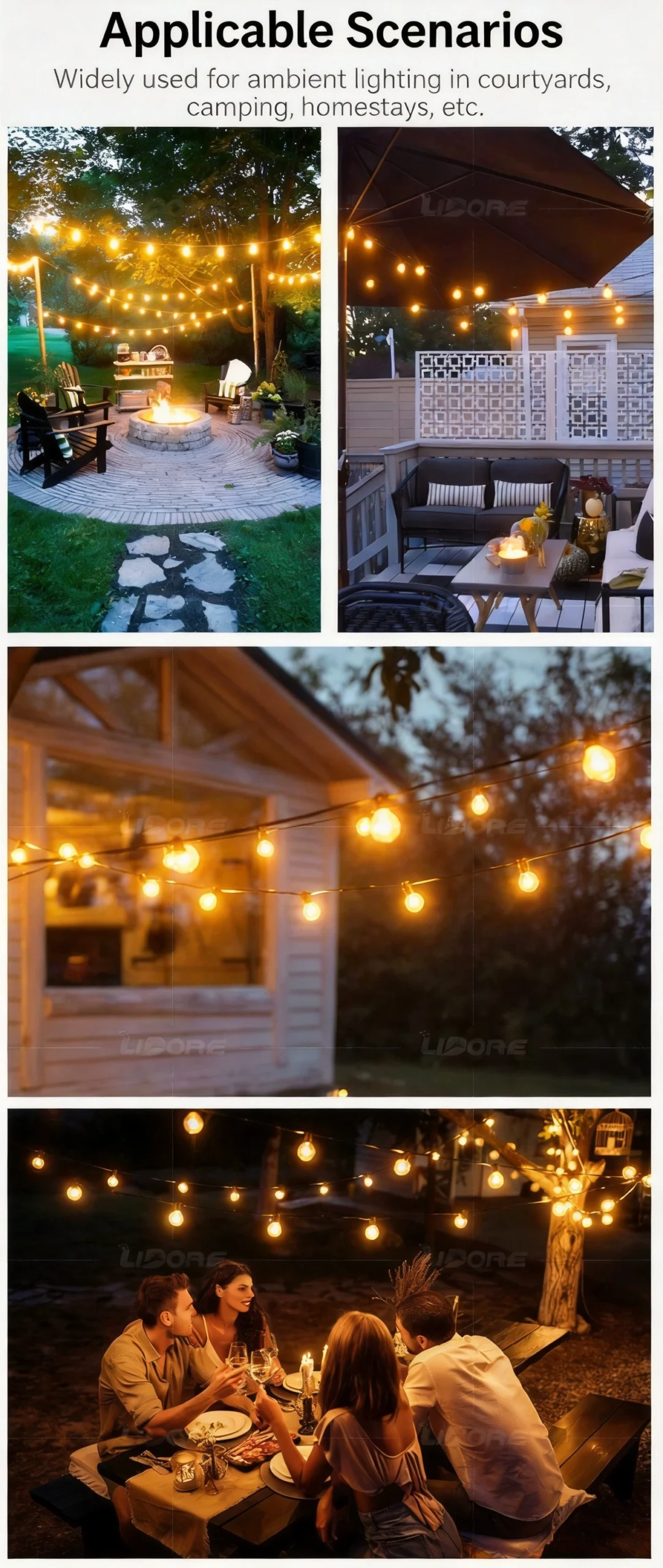 G40 string lights used for ambient outdoor lighting in courtyards and camping