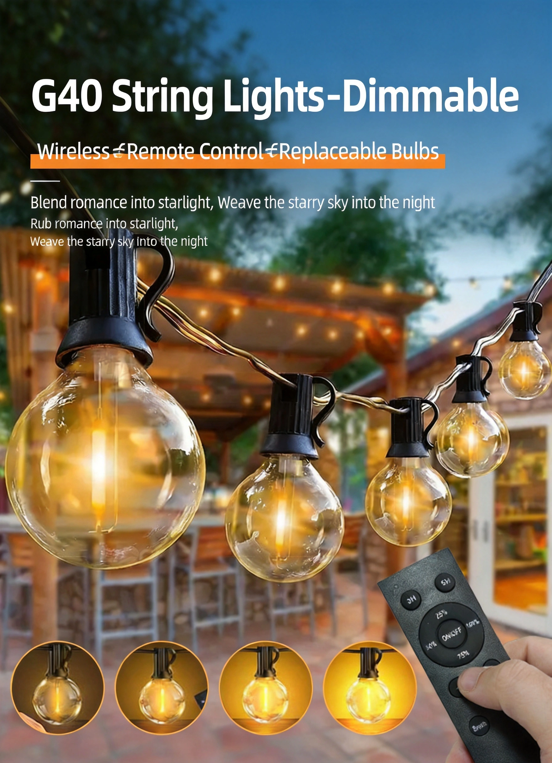 G40 dimmable outdoor string lights glowing warmly on an evening patio setup