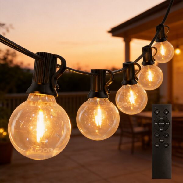 G40 Outdoor String Lights Sunset Patio Lifestyle Warm glowing G40 LED string lights hanging on an outdoor patio deck at sunset with a wireless remote control