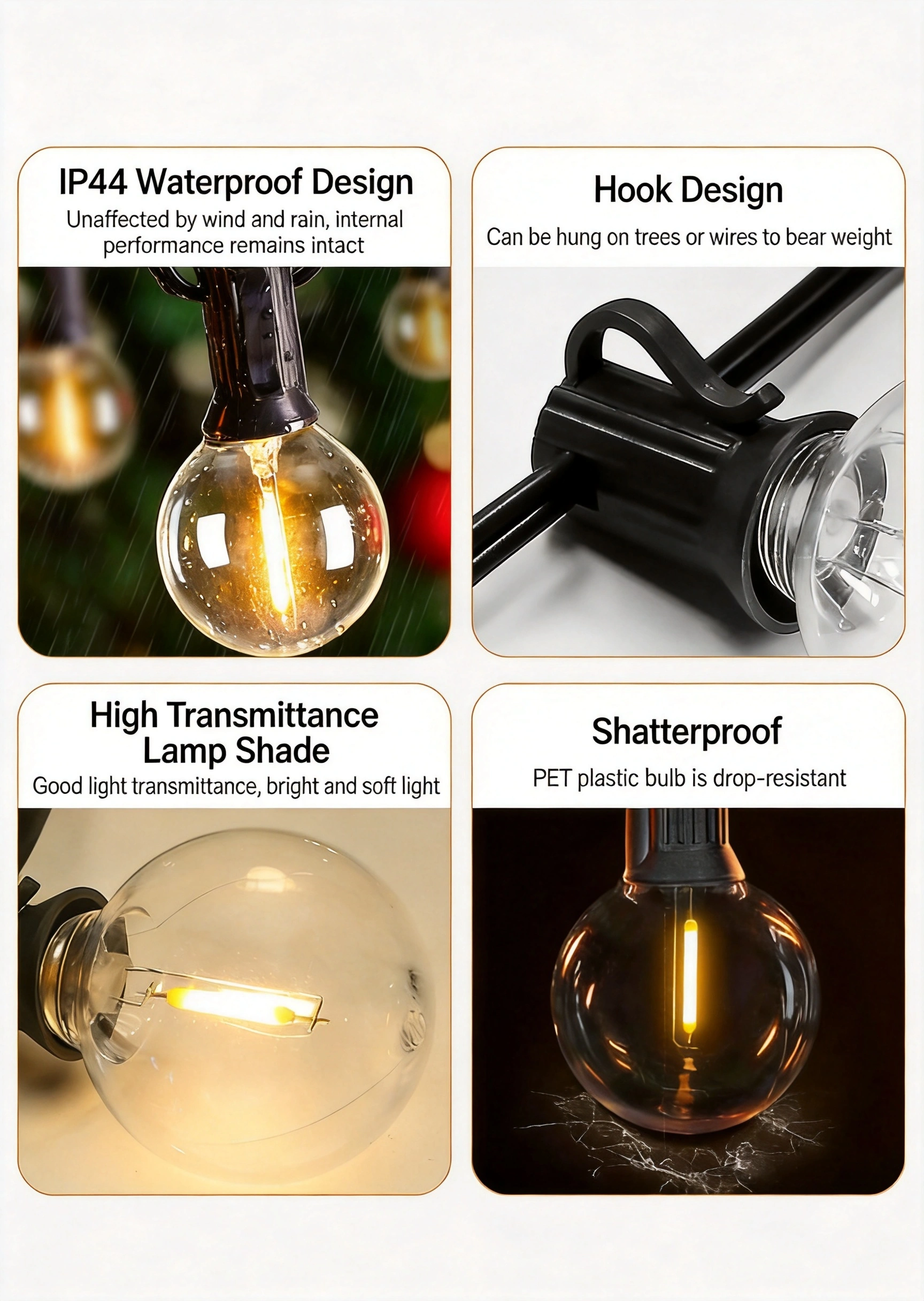 Infographic showing four key features of G40 LED string lights including IP44 waterproof design, hanging hooks, high transmittance lamp shade, and shatterproof PET bulbs