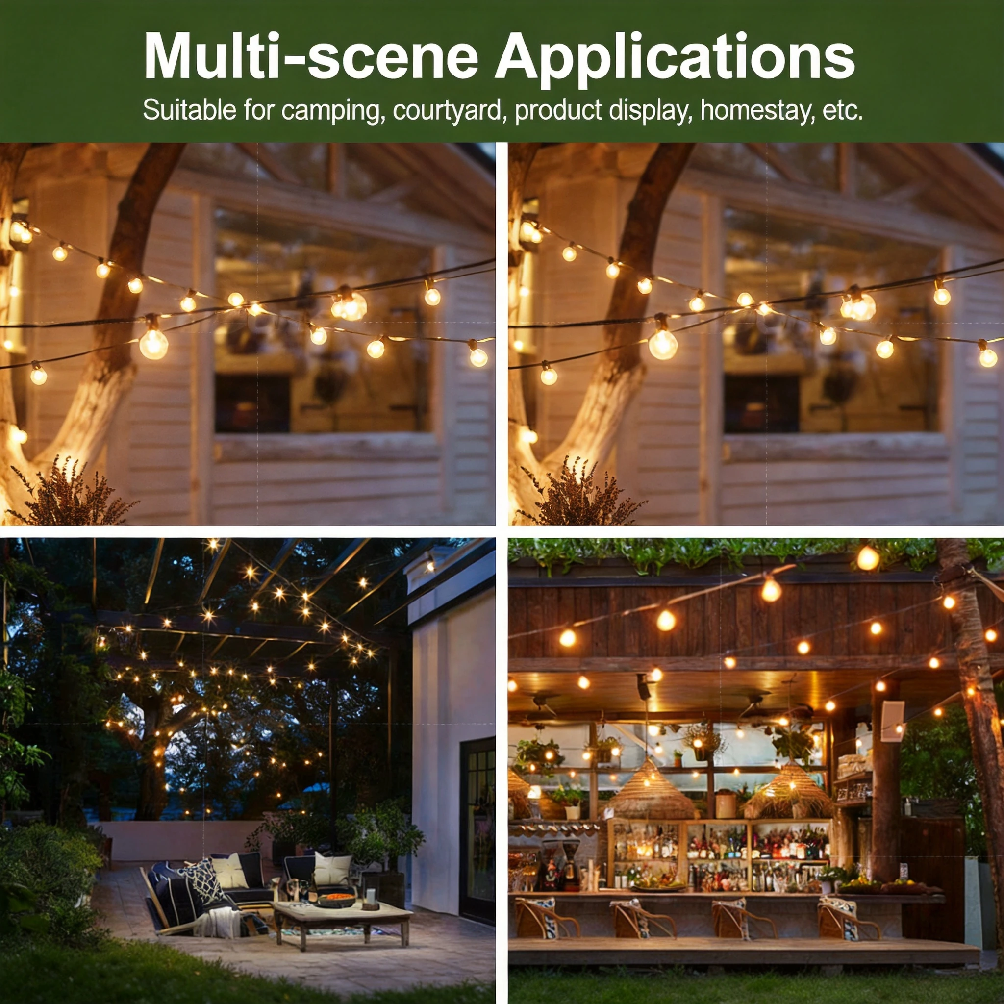 Collage showing G40 LED outdoor string lights illuminating various settings including camping tents, backyards, patios, and outdoor bars