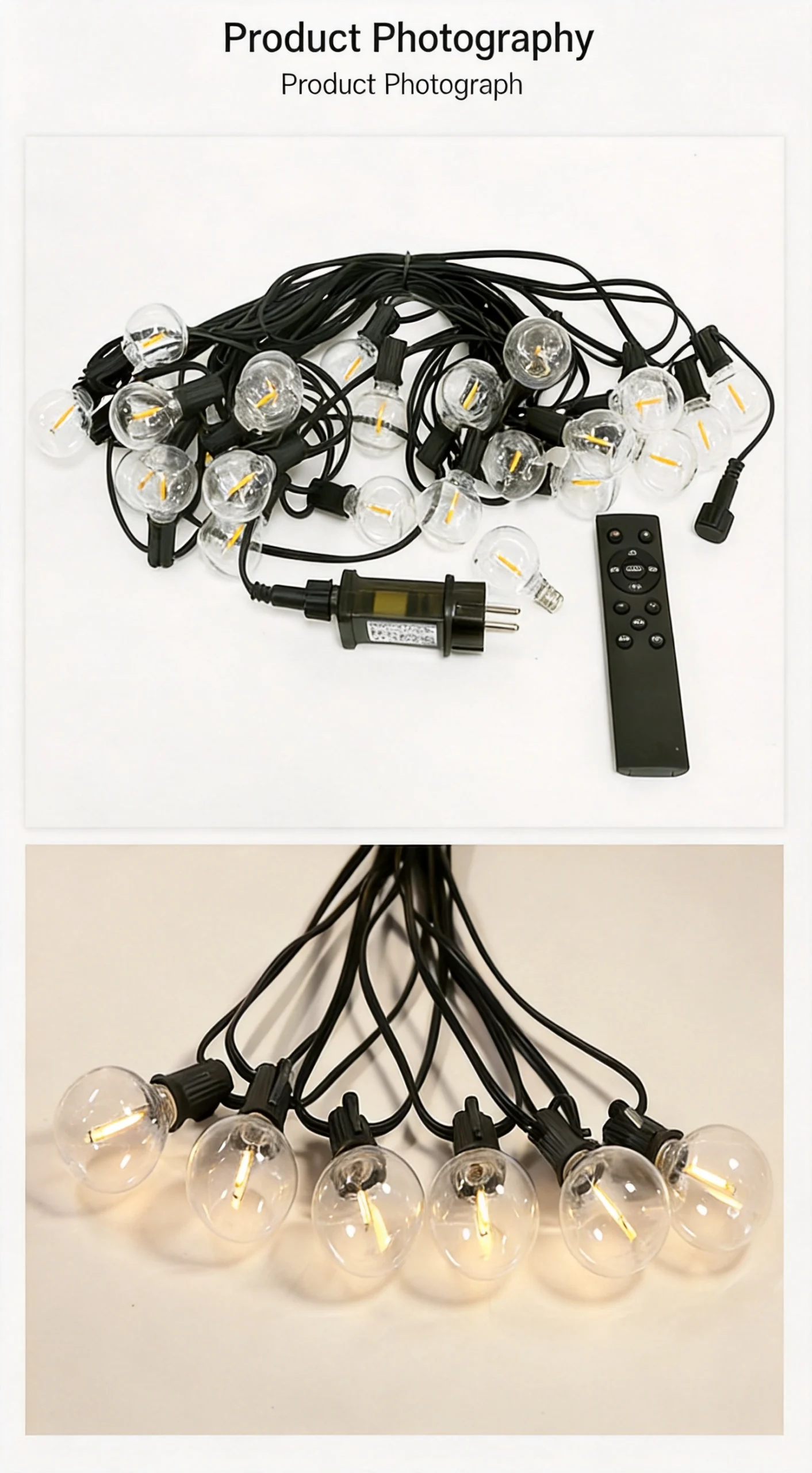 Studio product photography of G40 LED dimmable string lights coiled with power plug, remote control, and warm glowing bulbs