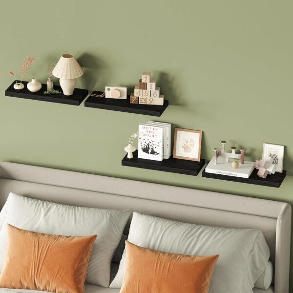rustic-floating-wooden-shelves_set-of-3-hero Main view of a set of 3 rustic floating wooden wall shelves styled with decor.